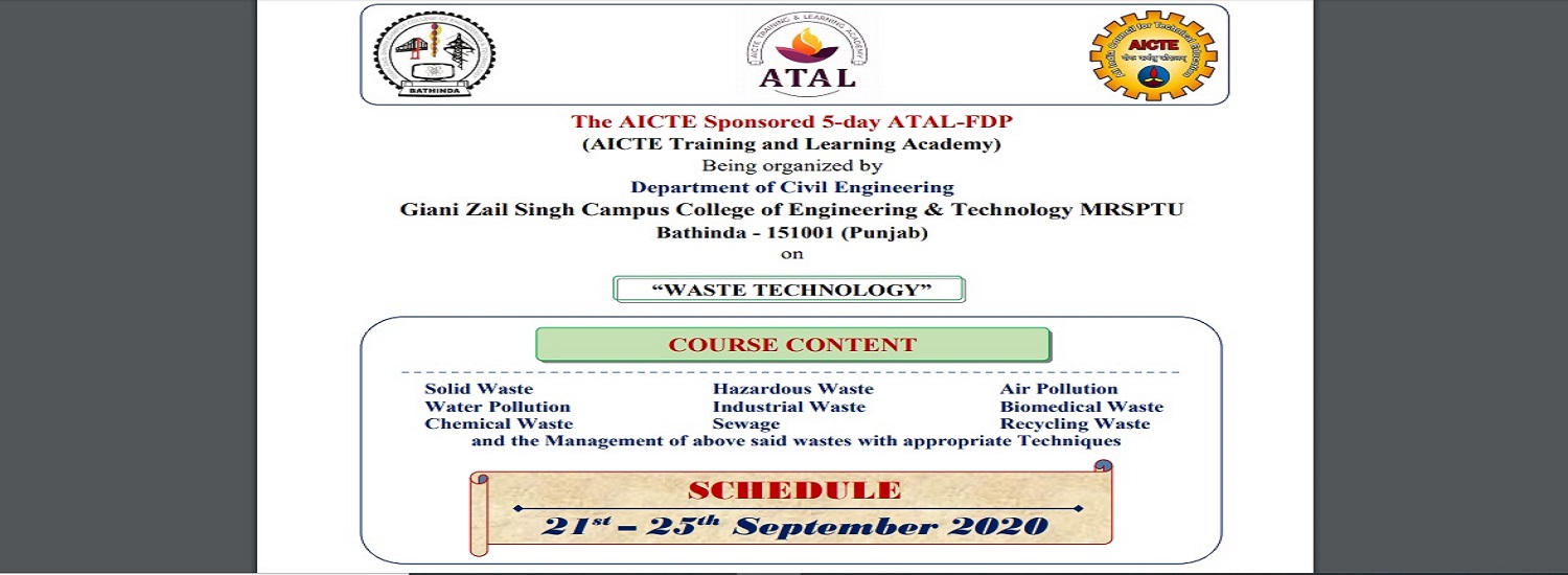 AICTE ATAL-FDP being organized on 21st - 25th Sept. 2020 by Civil Engineering Department, GZSCCET MR